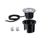 Ground spotlight with stainless steel rim, black plastic housing and cable for outdoor lighting.
