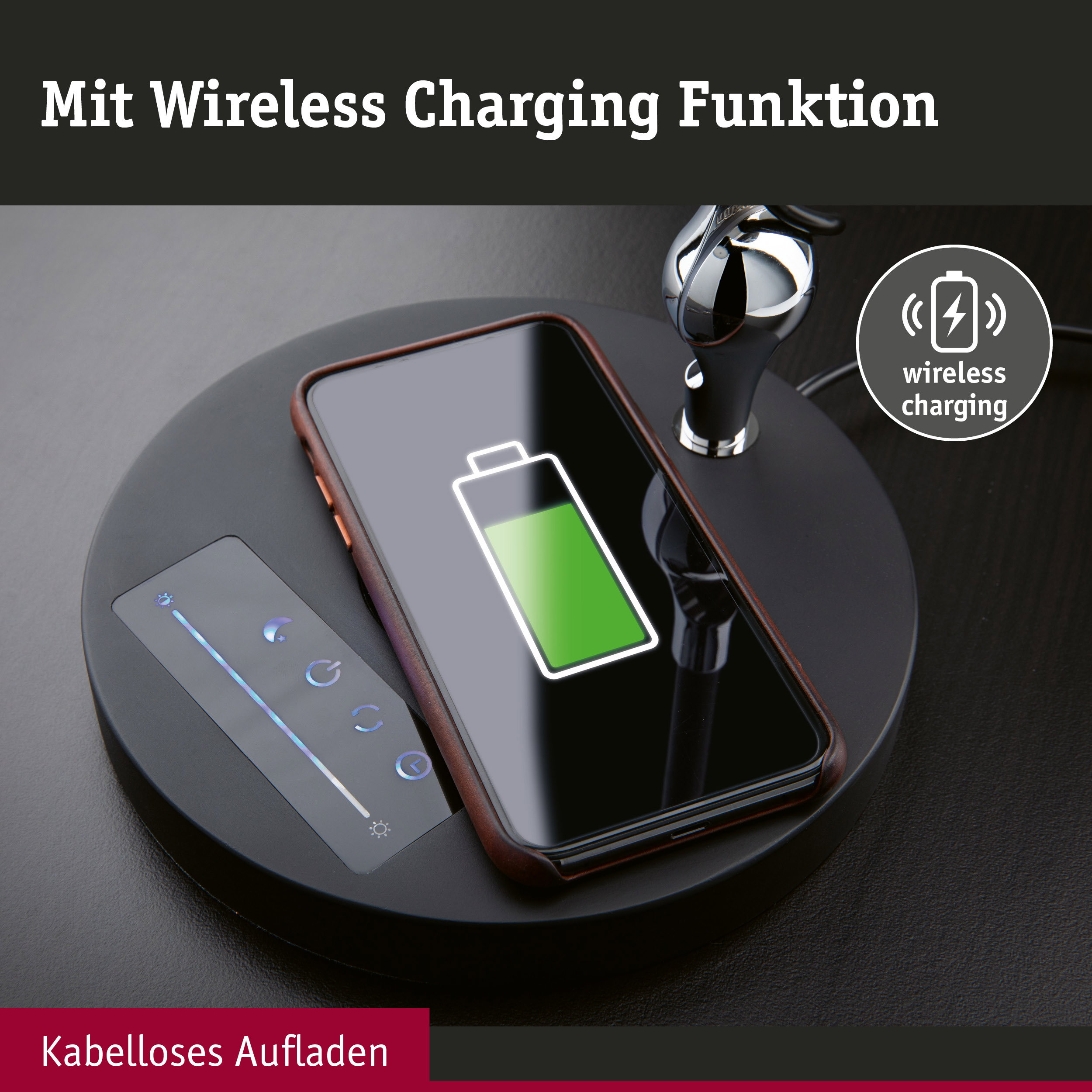 Schwarze kabellose Ladestation mit Smartphone und Touch-Bedienfeld für drahtloses Laden