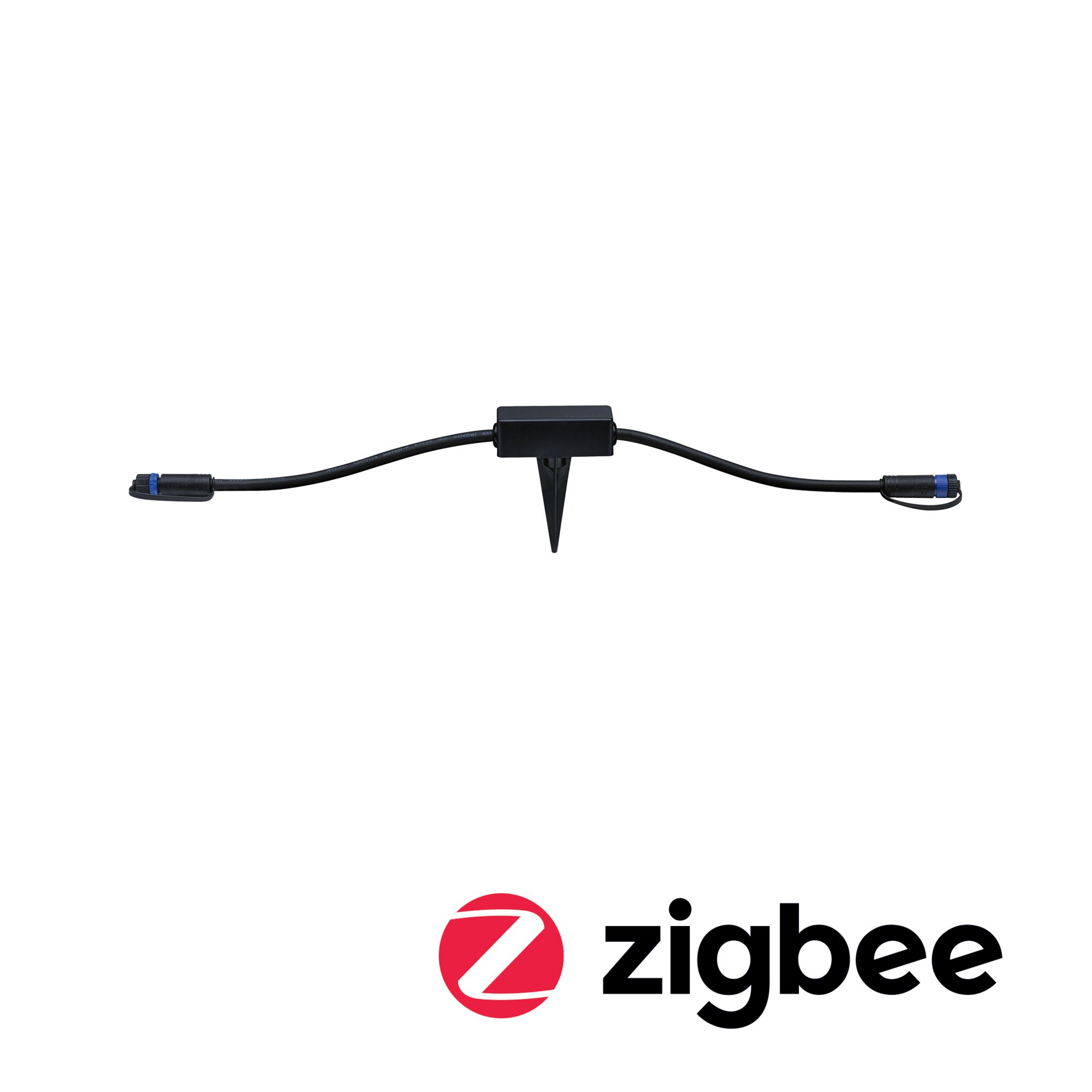 Câble noir avec connecteurs et piquet de terre pour systèmes d'éclairage Zigbee domotique.
