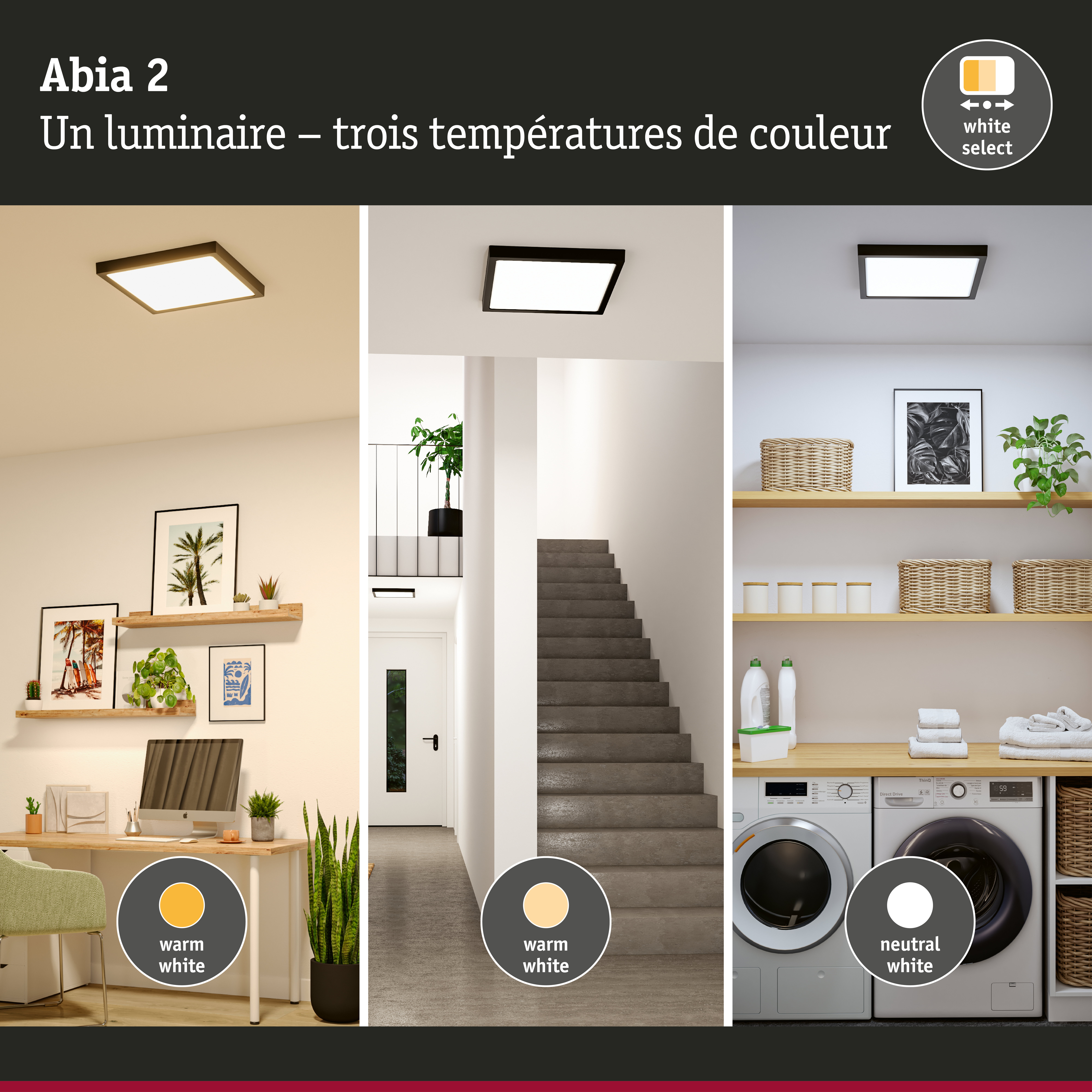 Panneau LED Abia 2 White Select Détecteur de mouvement crépusculaire (HF) carré 400x400mm 16W 1400lm White Select Noir