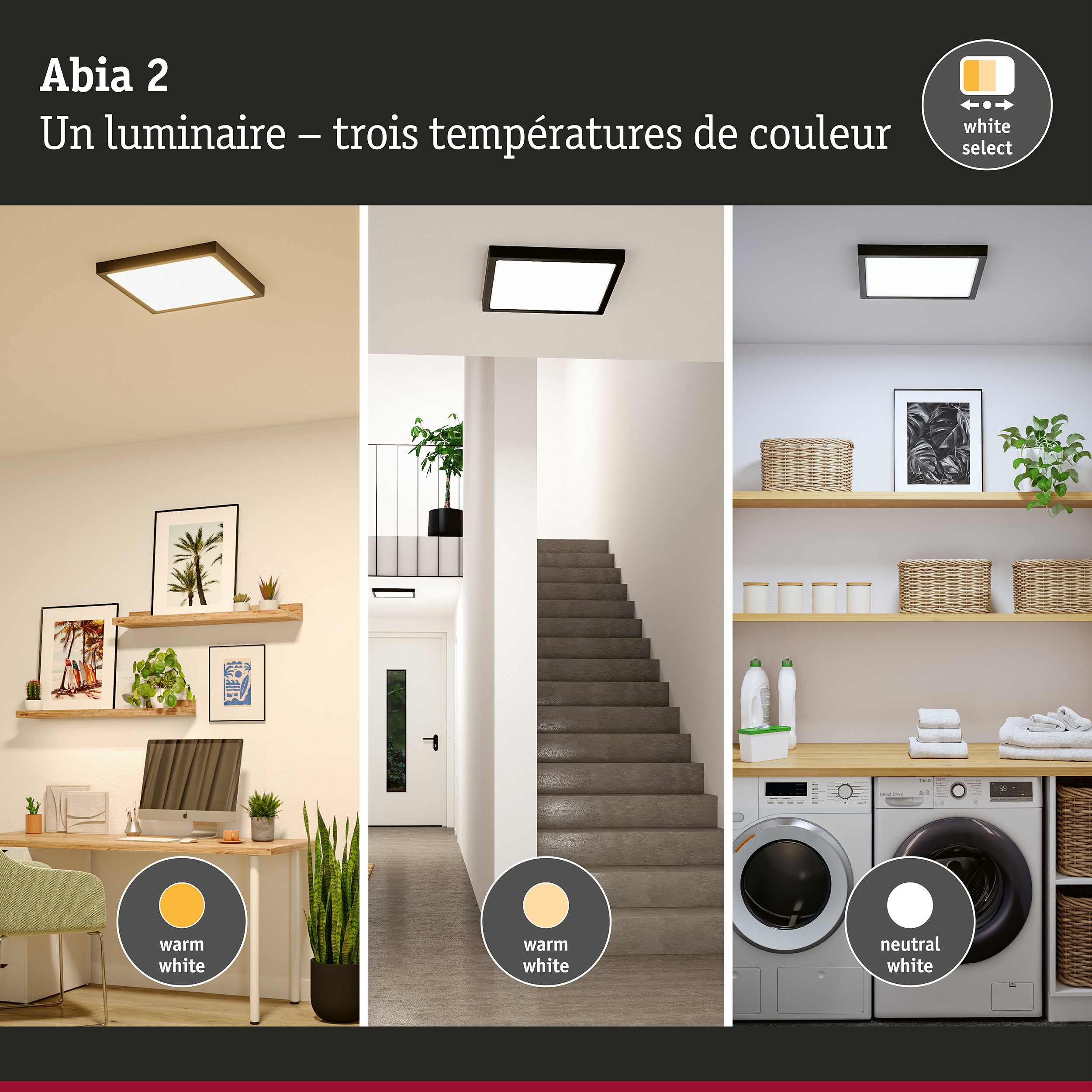 Panneau LED Abia 2 White Select Détecteur de mouvement crépusculaire (HF) carré 400x400mm 16W 1400lm White Select Noir