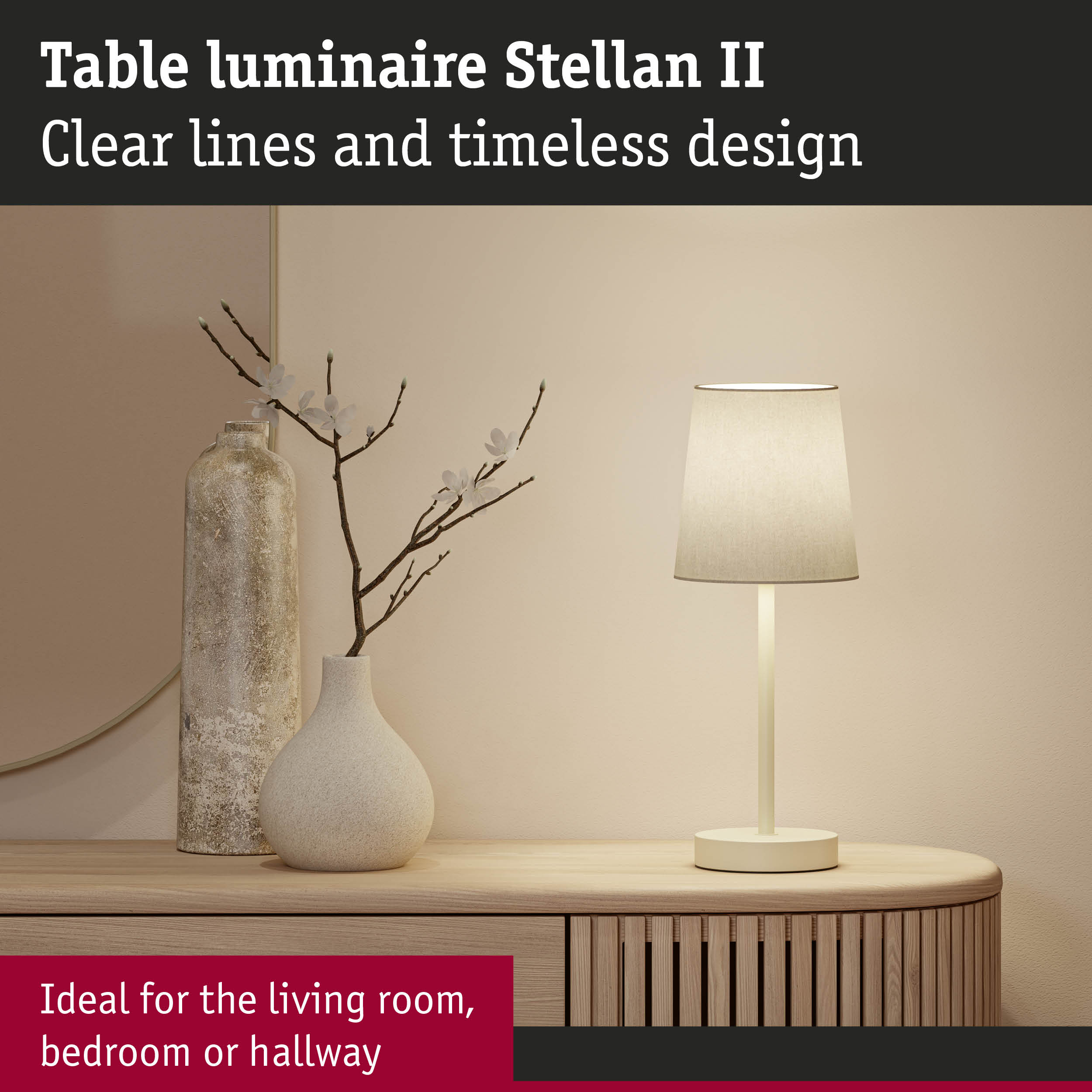 Stellan II cream table lamp with fabric shade on wooden sideboard, modern living room lighting
