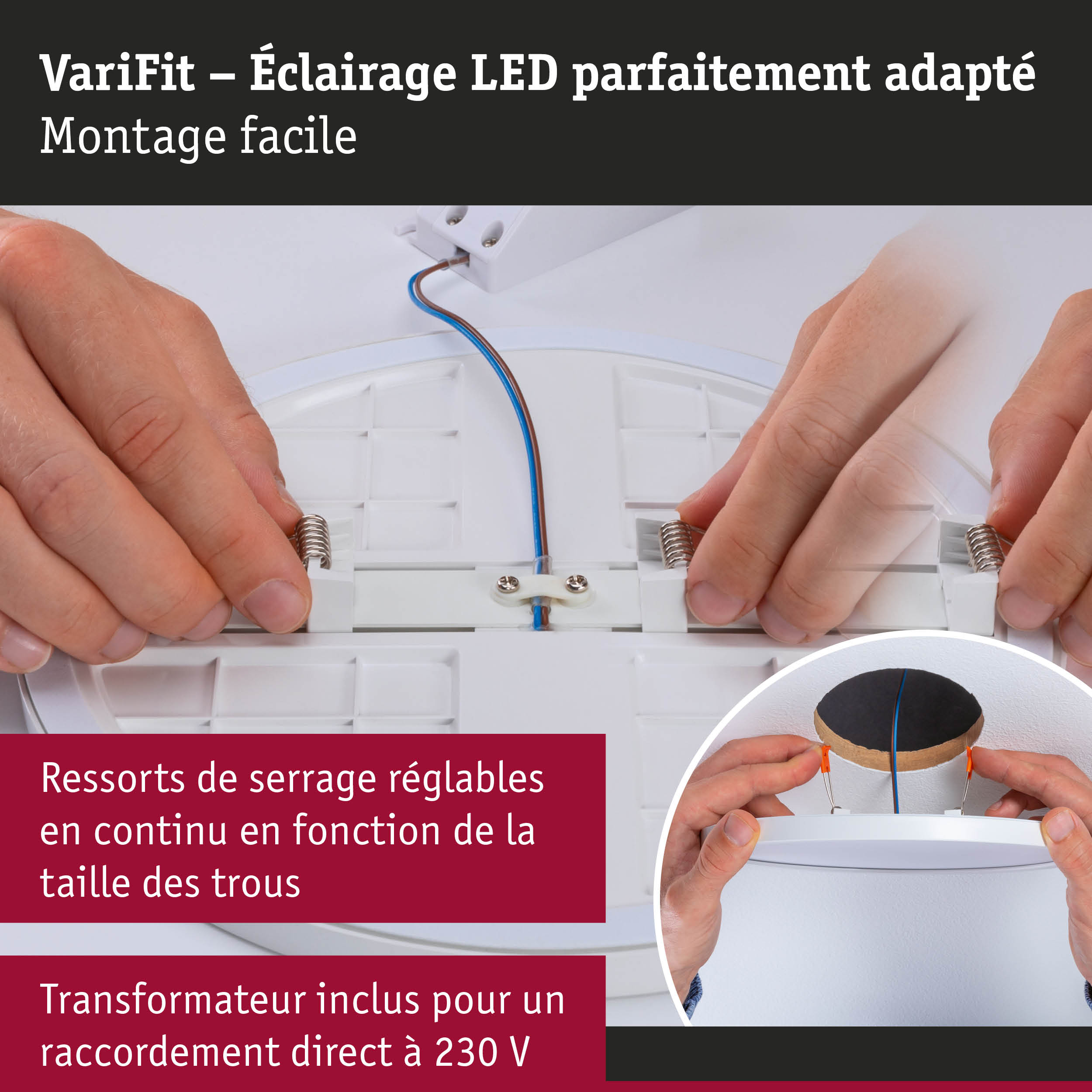 Plafonnier LED VariFit blanc avec ressorts réglables et raccordement direct facile 230 V