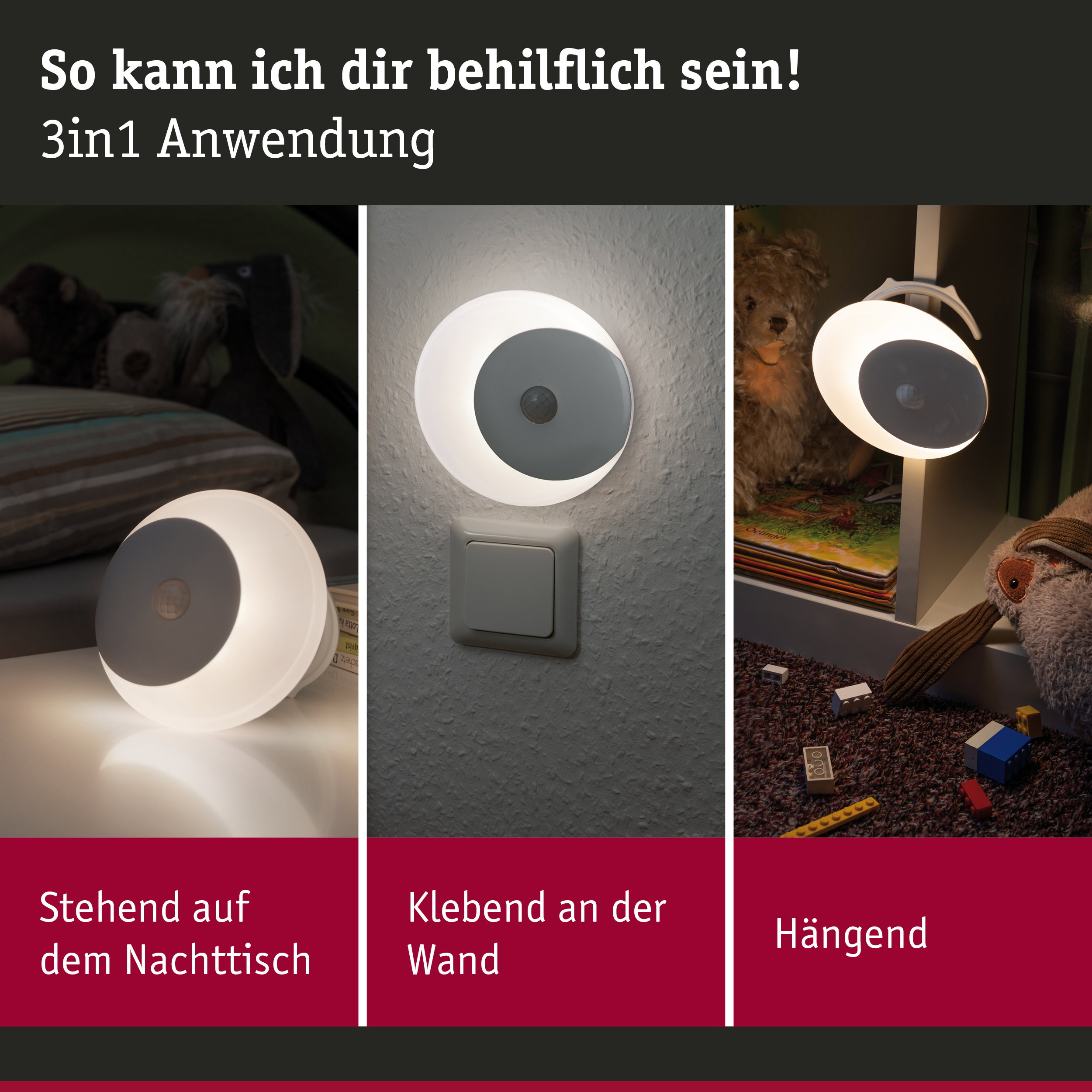 Weiße LED-Nachtlicht mit 3in1 Funktion stehend, klebend oder hängend für vielseitige Beleuchtung