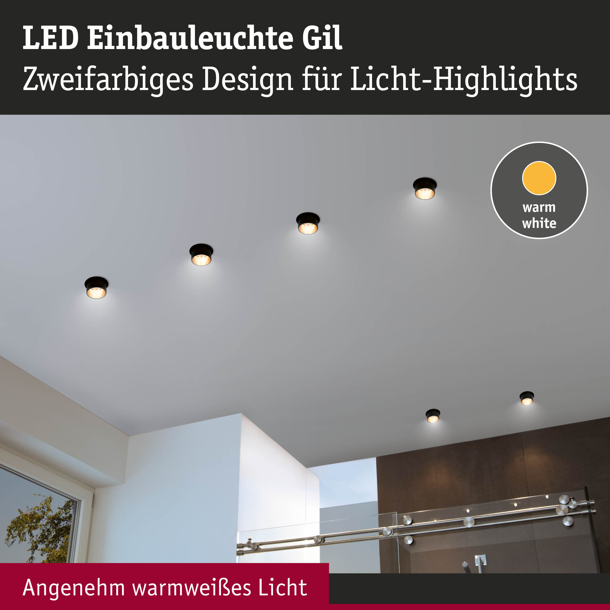 LED Einbauleuchte Gil in Schwarz mit warmweißem Licht für moderne Raumbeleuchtung