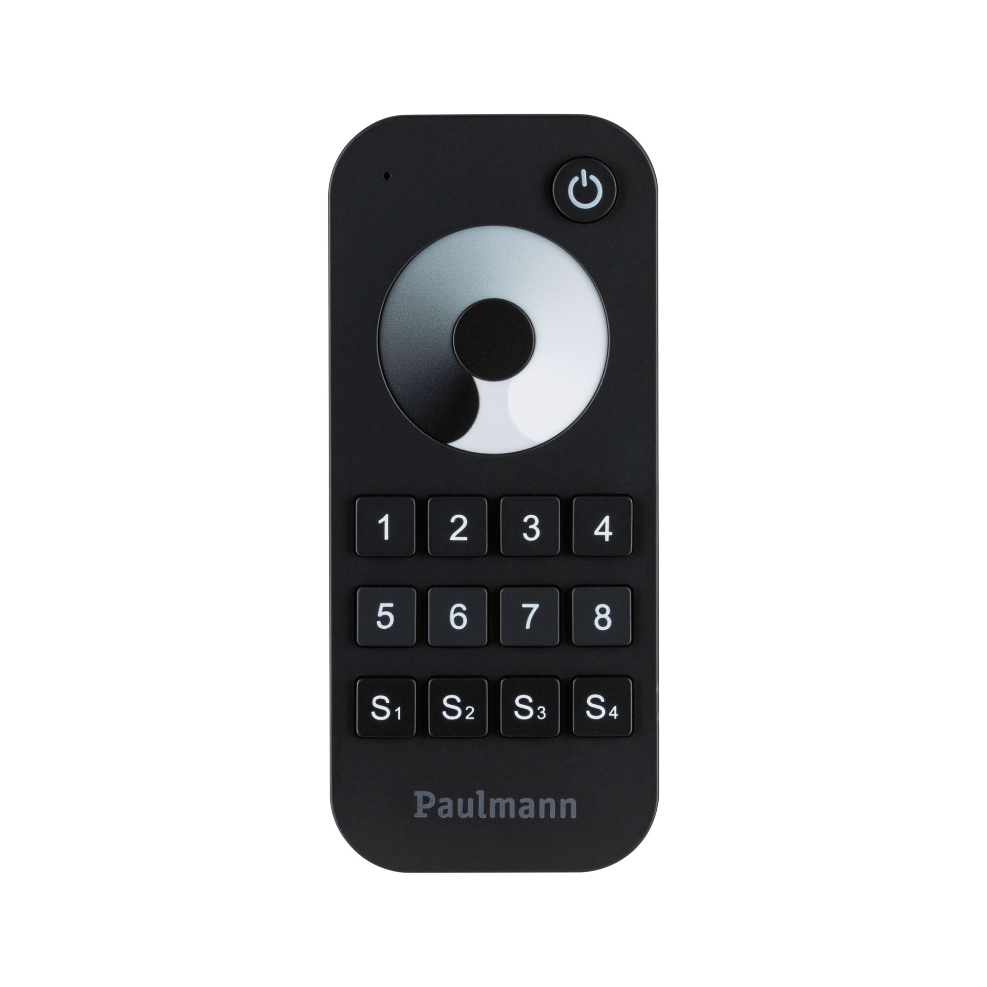 Black Paulmann remote control with buttons and dial for lighting control and dimming