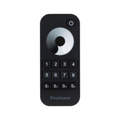 Black Paulmann remote control with buttons and dial for lighting control and dimming