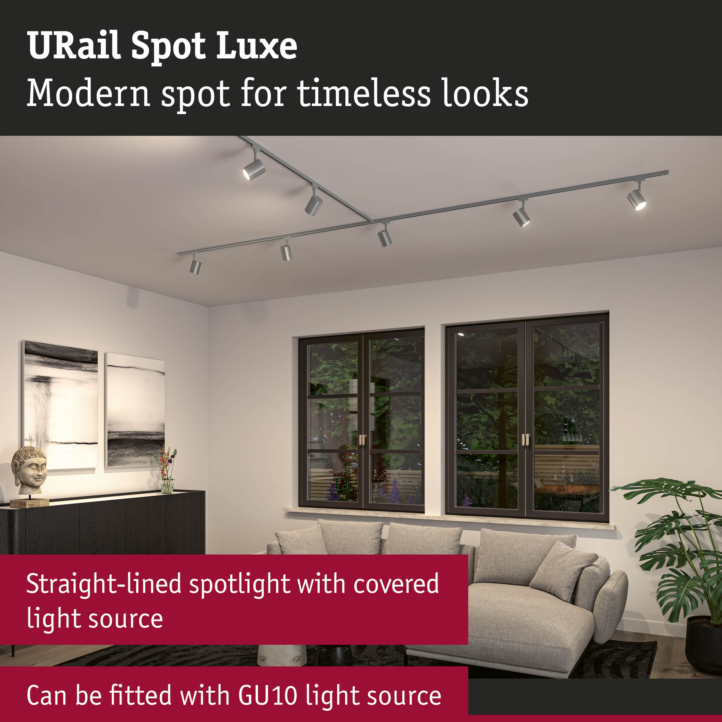 URail Spot Luxe silver ceiling spotlight with straight design and GU10 light source for modern interiors