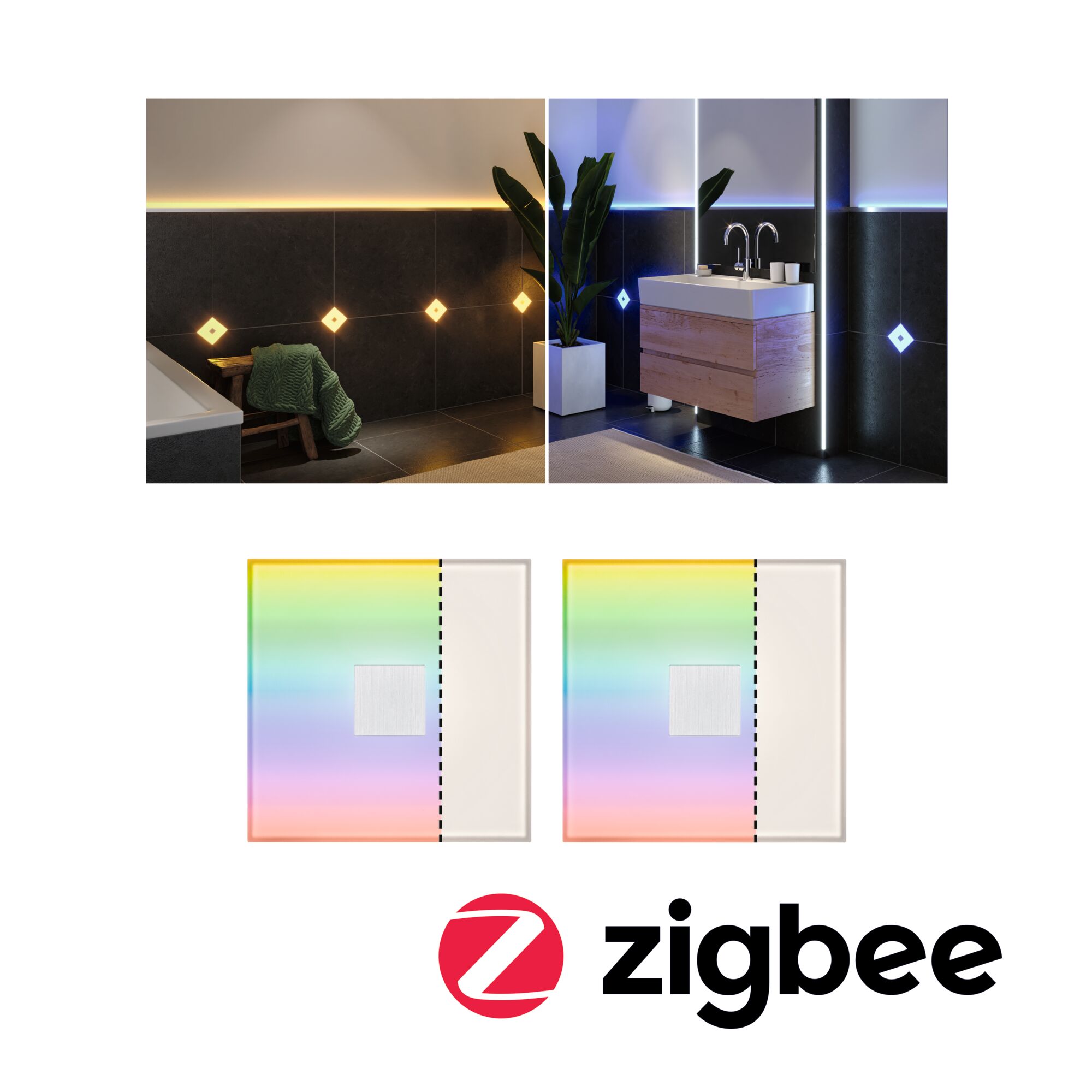 LumiTiles LED-tegels Smart Home Zigbee 3.0 Square Set van 2 IP44 100x100mm 2x12lm 230/12V 2x0,8W dimbaar RGBW+ Wit Kunststof/Aluminium Kleurveranderende LED-wandlamp in moderne badkamer met zwarte tegels en houten wastafel, Zigbee compatibel