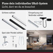 Modulares URail-Schienensystem mit weißen und schwarzen Schienen, Steckern und Pendelleuchten für flexible Beleuchtung