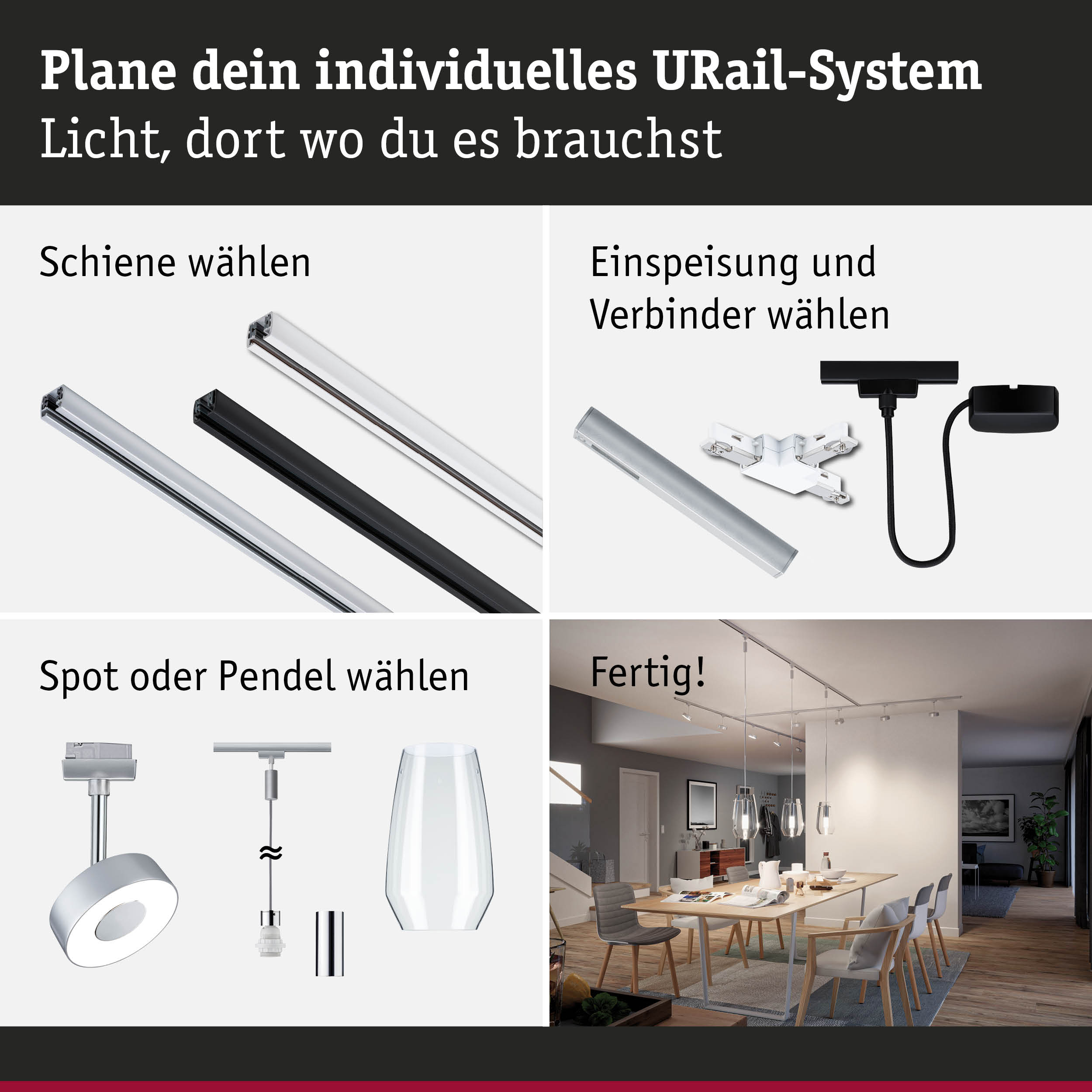 Modulares URail-Schienensystem mit weißen und schwarzen Schienen, Steckern und Pendelleuchten für flexible Beleuchtung