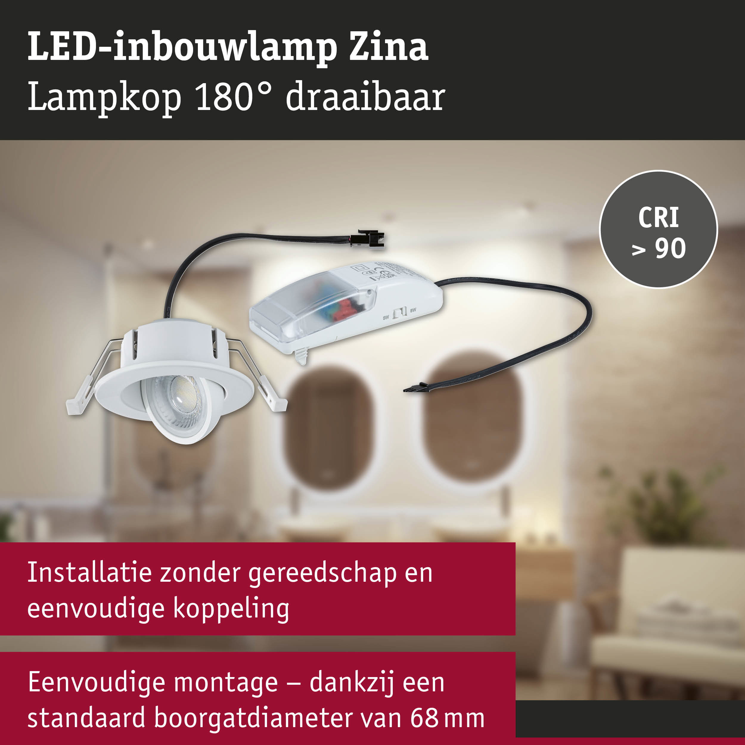 Witte LED-inbouwlamp Zina met 180° draaibare lampkop en CRI boven 90 voor woonverlichting
