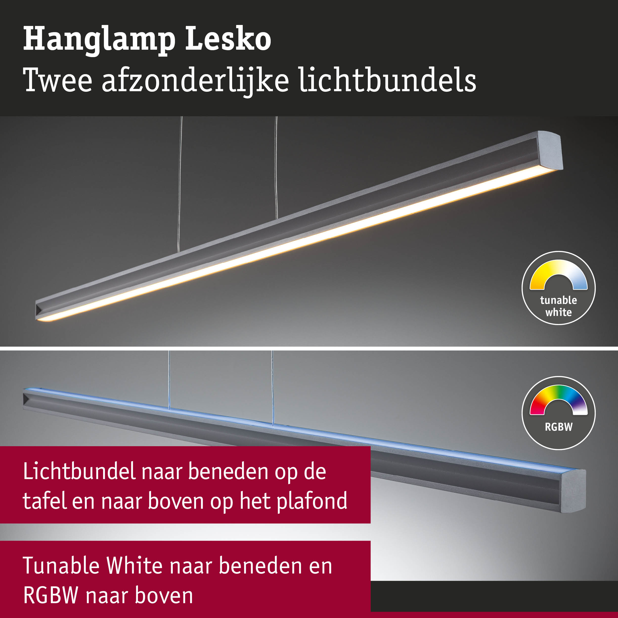 Moderne grijze aluminium hanglamp Lesko met twee lichtbundels en instelbaar wit en RGBW licht