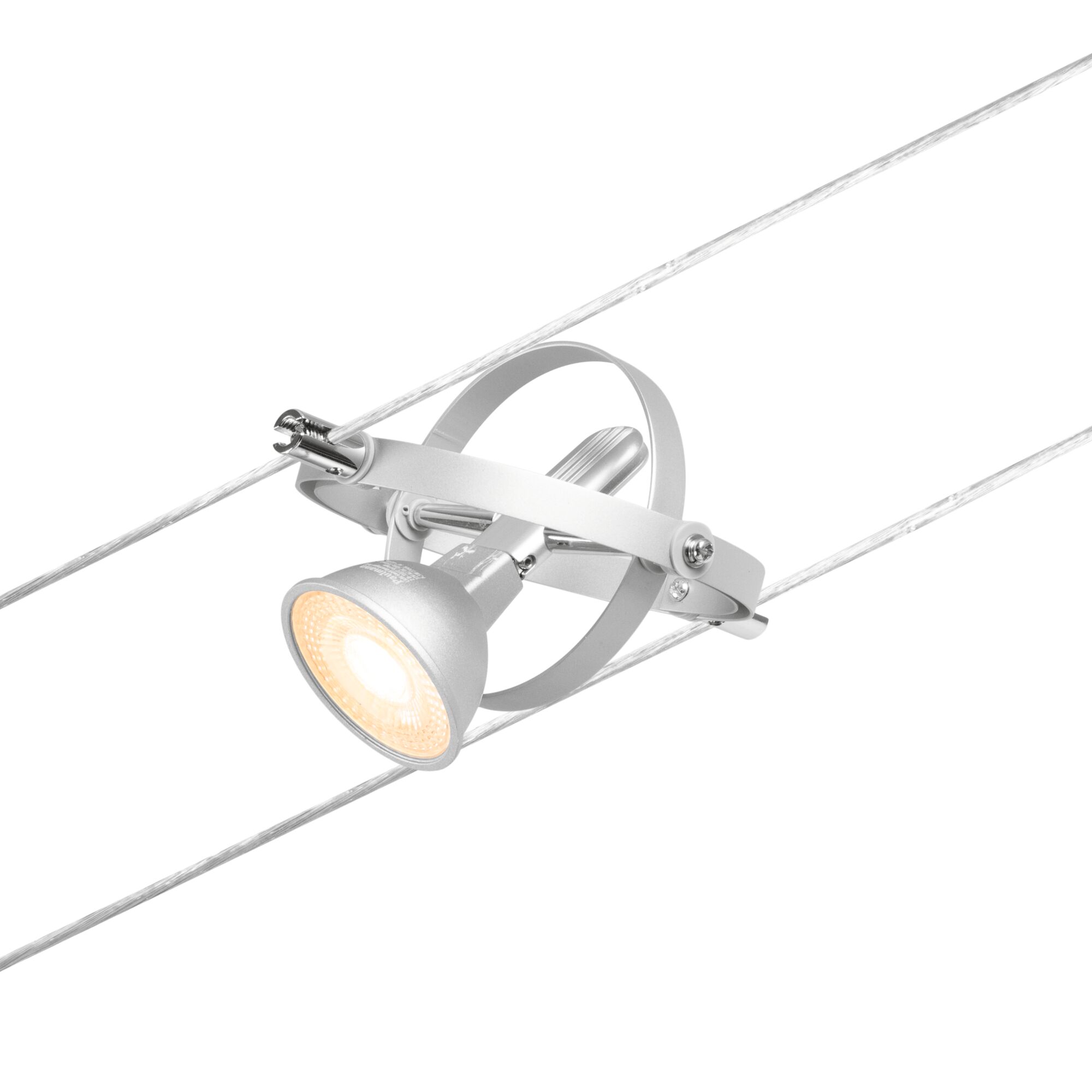 Silberner LED-Seilstrahler aus Metall mit warmweißem Licht für flexible Beleuchtungssysteme