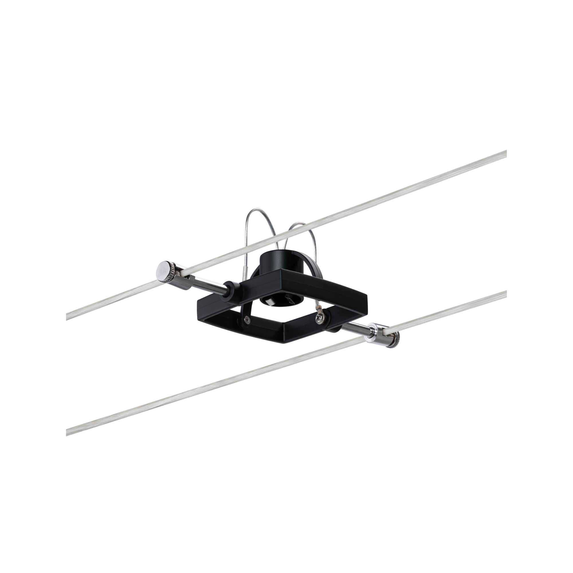 Black square metal cable spotlight with adjustable mounts for modern lighting solutions