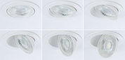 Six white recessed spotlights with adjustable glass lenses for flexible LED ceiling lighting.