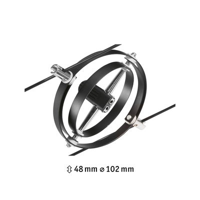 Schwarze Metallklemme mit zwei Ringen und Schrauben, Kabelhalterung mit 48 mm Höhe und 102 mm Durchmesser
