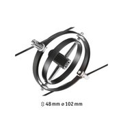 Schwarze Metallspirale mit silbernen Schrauben und Halterungen, technische Komponente mit 48 mm Höhe und 102 mm Durchmesser