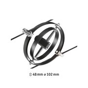Schwarze Metallklemme mit zwei Ringen und Schrauben, Kabelhalterung mit 48 mm Höhe und 102 mm Durchmesser