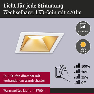 Weißer LED-Einbaustrahler mit goldfarbenem Reflektor und warmweißem Licht dimmbar in 3 Stufen