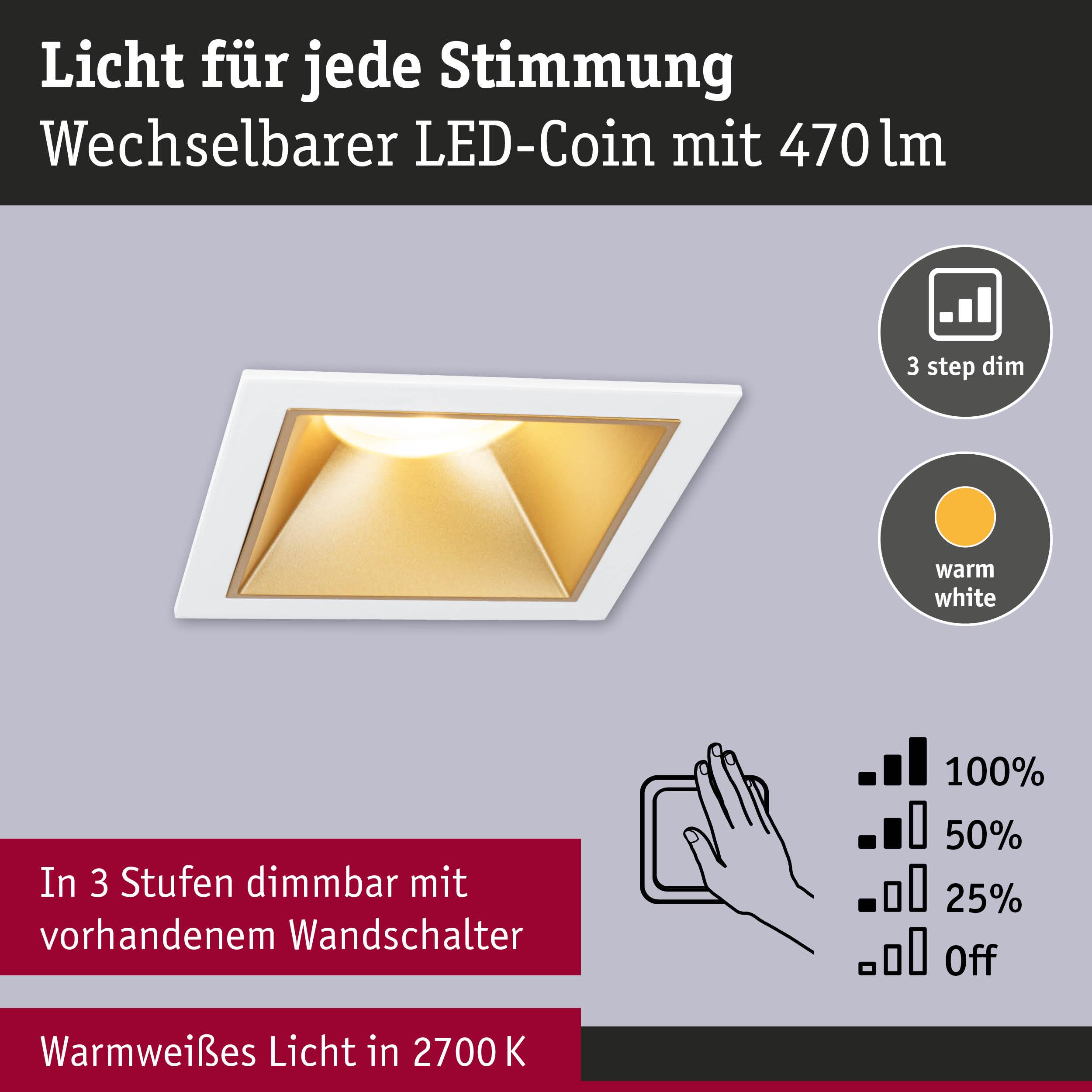 Weißer LED-Einbaustrahler mit goldfarbenem Reflektor und warmweißem Licht dimmbar in 3 Stufen