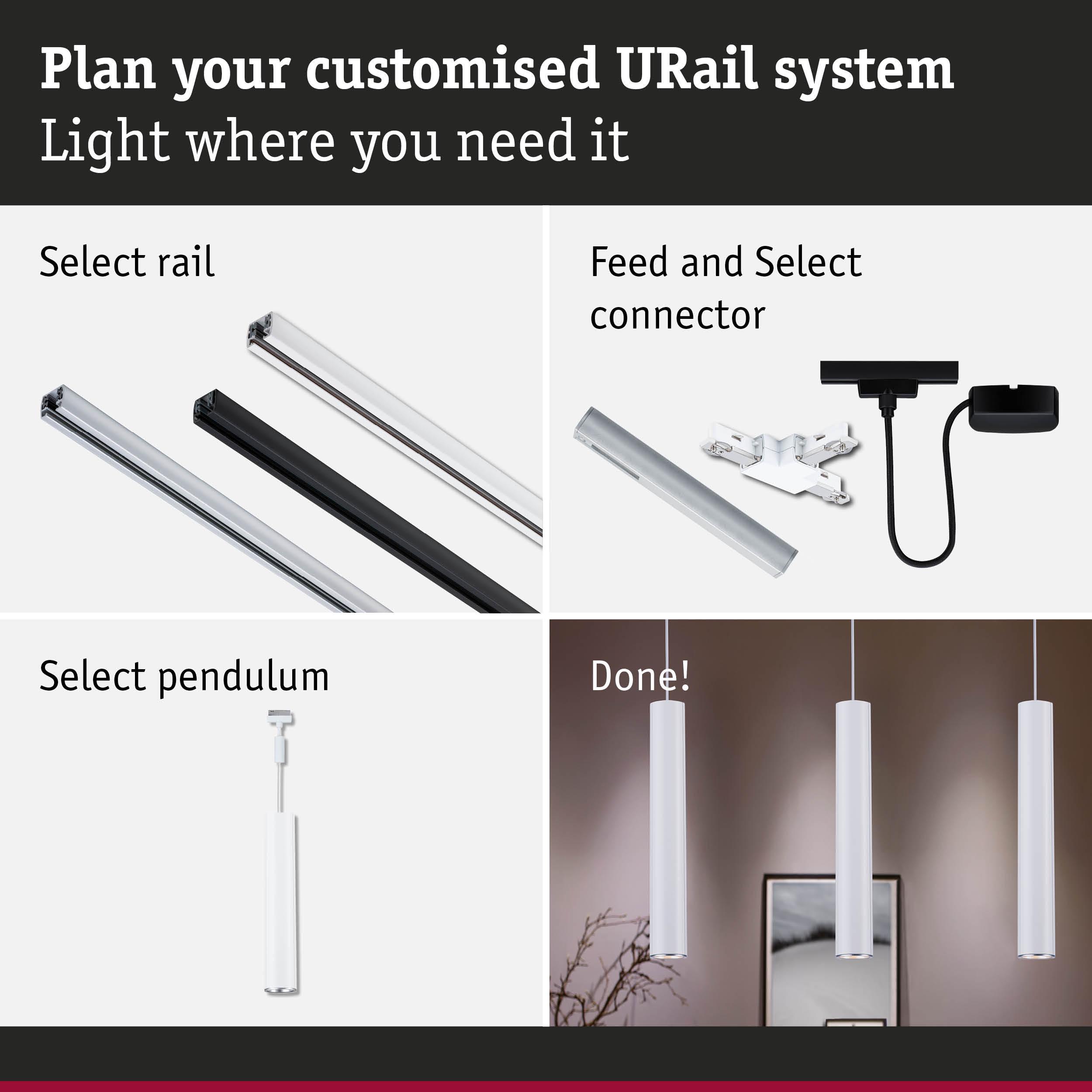 Guide to custom URail system with aluminium rails, connectors, and white pendant lights for lighting design