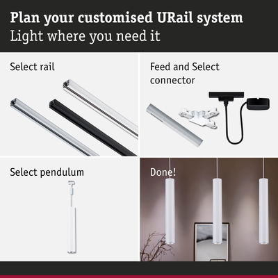 Guide to custom URail system with aluminium rails, connectors, and white pendant lights for lighting design
