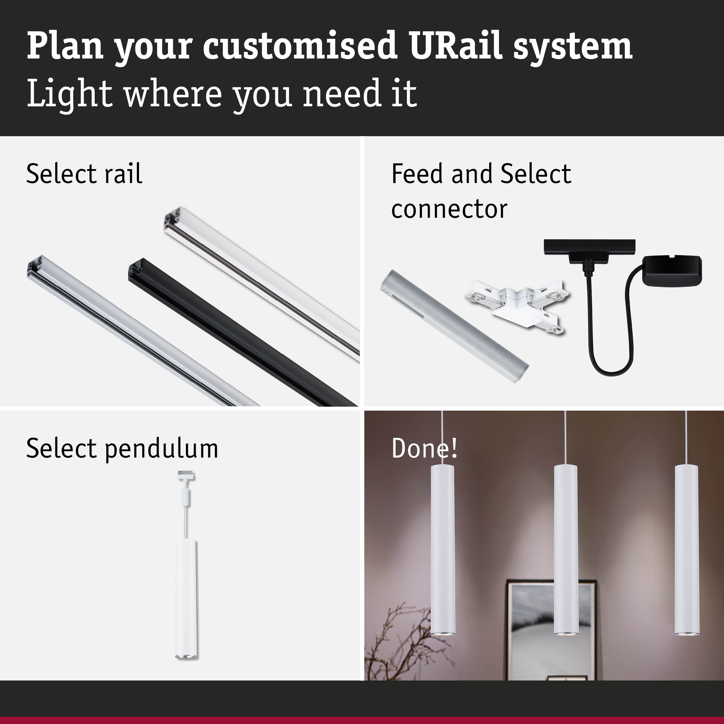 Modular URail track system with black and white aluminium rails for customizable lighting setups.