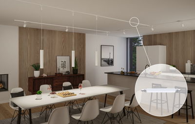 Moderne eetkamer met witte tafel, stoelen, houten panelen, verlicht door witte LED-railspots.