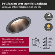Spot LED encastré gris avec lumière blanc chaud 2700K et fonction dimmable 3 niveaux