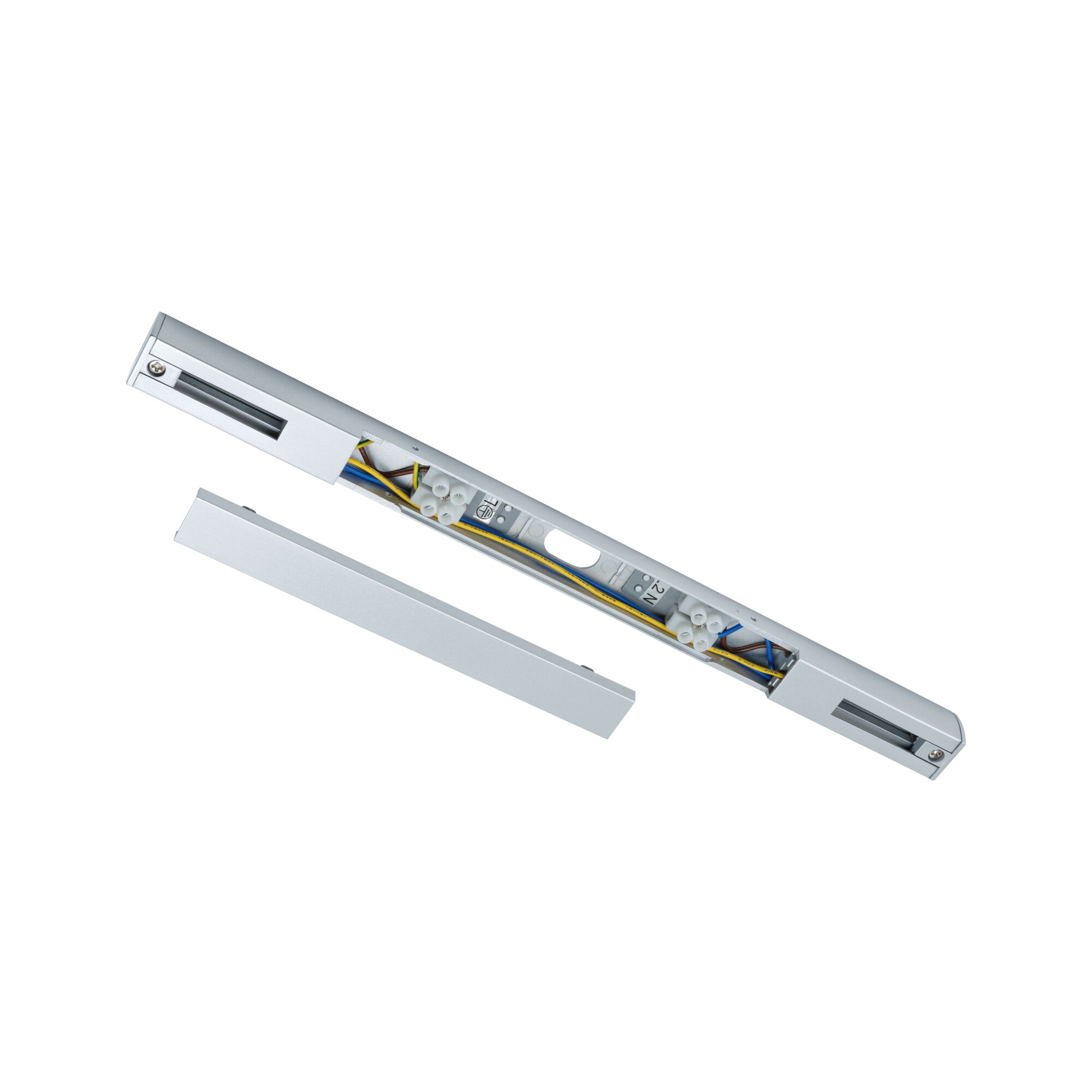 Silver aluminum cable duct with removable cover and visible electrical wires for LED lighting installation