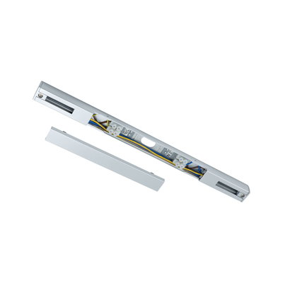 Silver aluminum cable duct with removable cover and visible electrical wires for LED lighting installation