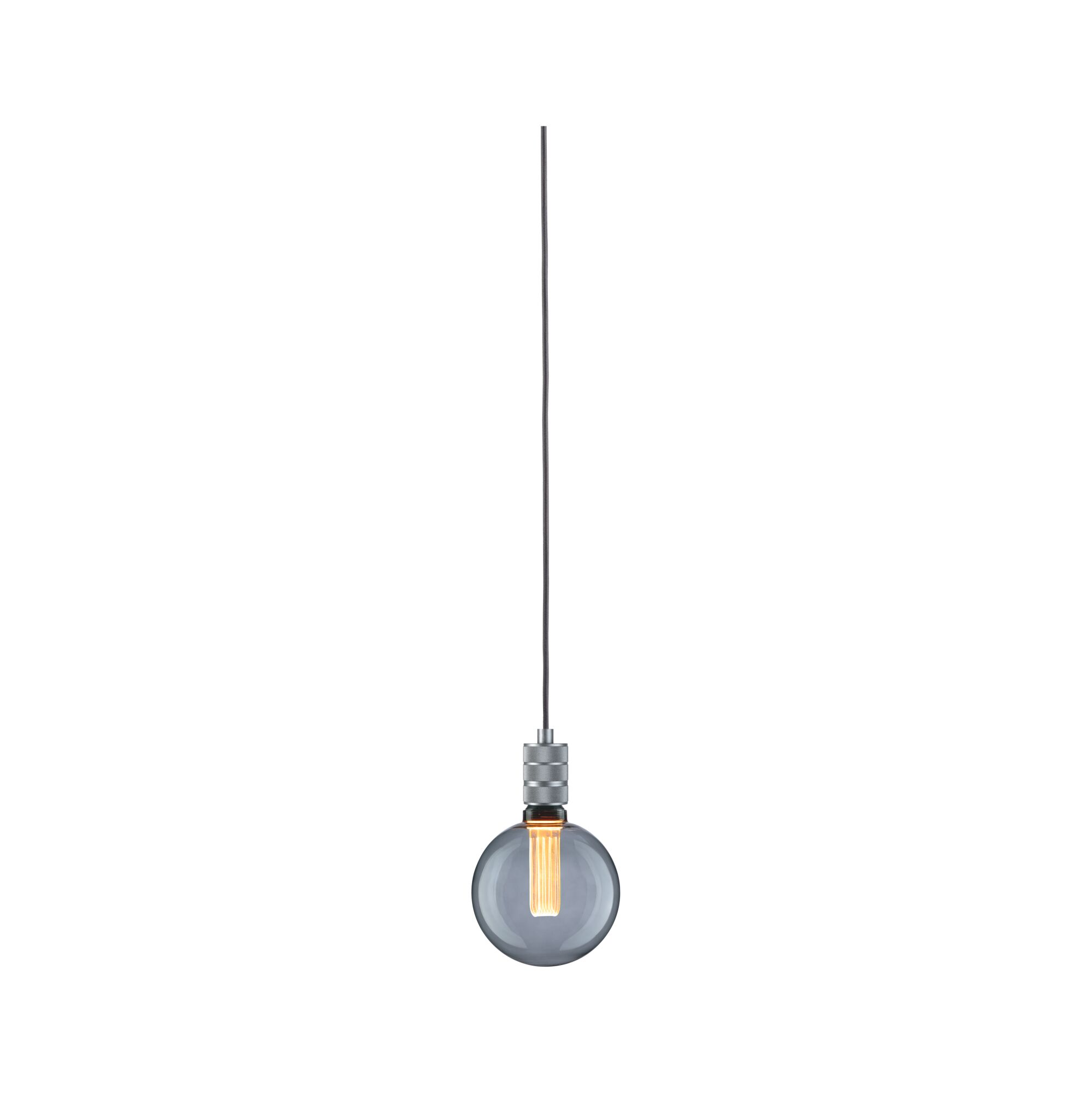 Hängelampe mit grauem Glas und sichtbarer LED-Filamentbirne, modernes Design für Wohnräume