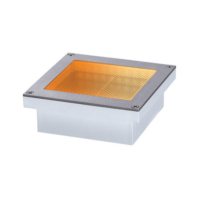 Square stainless steel recessed light with orange filter for modern outdoor lighting solutions