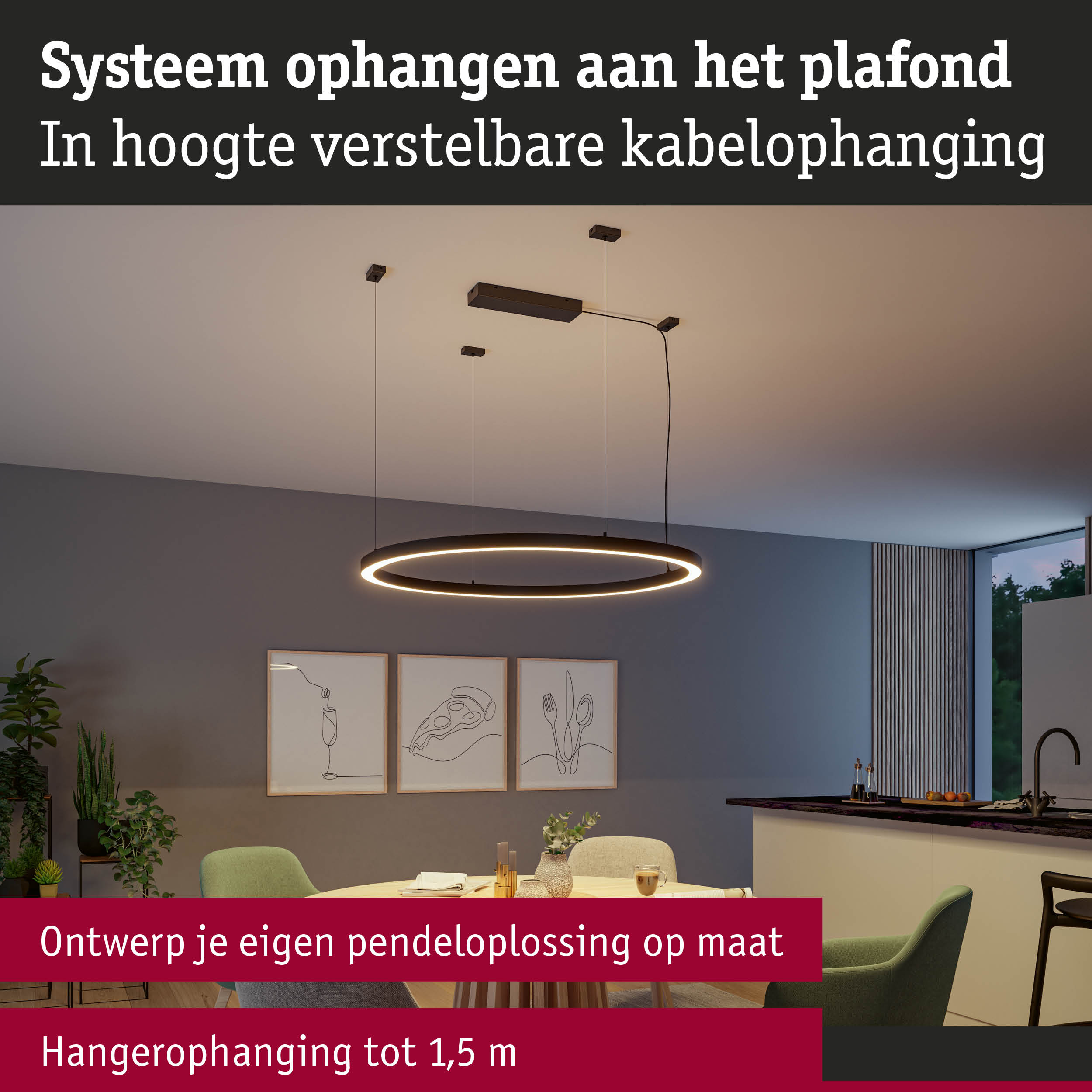 Moderne ronde zwarte LED-hanglamp met in hoogte verstelbare kabelophanging voor eetkamer