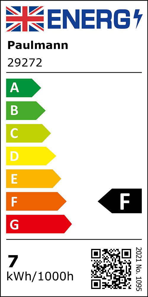 Energy efficiency label showing rating F and 7 kWh per 1000 hours for Paulmann product 29272