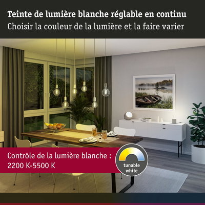 Salle à manger avec suspensions LED blanches réglables, table en bois et décoration moderne
