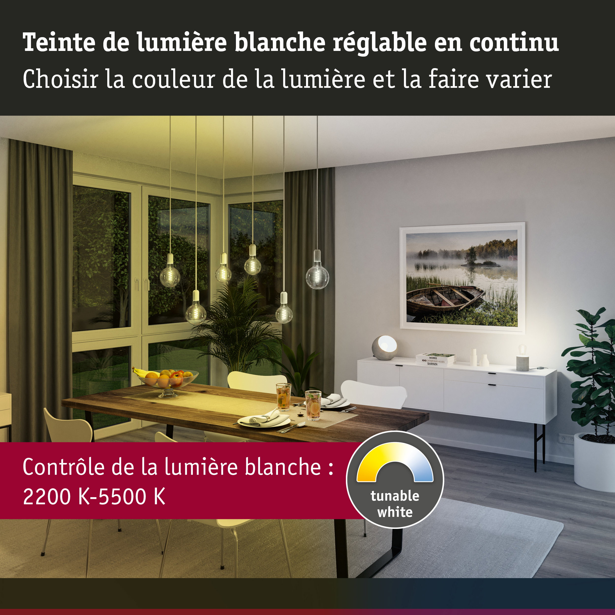 Salon moderne avec éclairage LED blanc réglable en continu de 2200K à 5500K et fonction dimmable