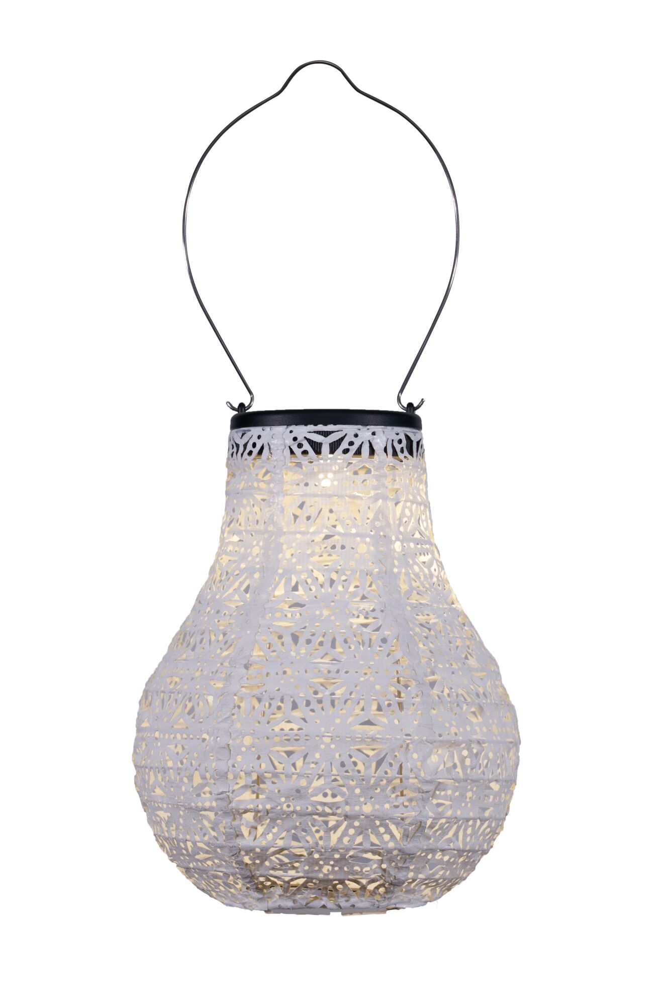 White paper lantern with intricate pattern and black metal handle for ambient lighting