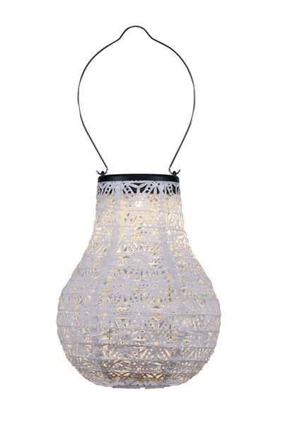 White paper lantern with intricate pattern and black metal handle for ambient lighting