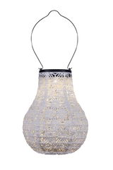 White paper lantern with intricate pattern and black metal handle for ambient lighting