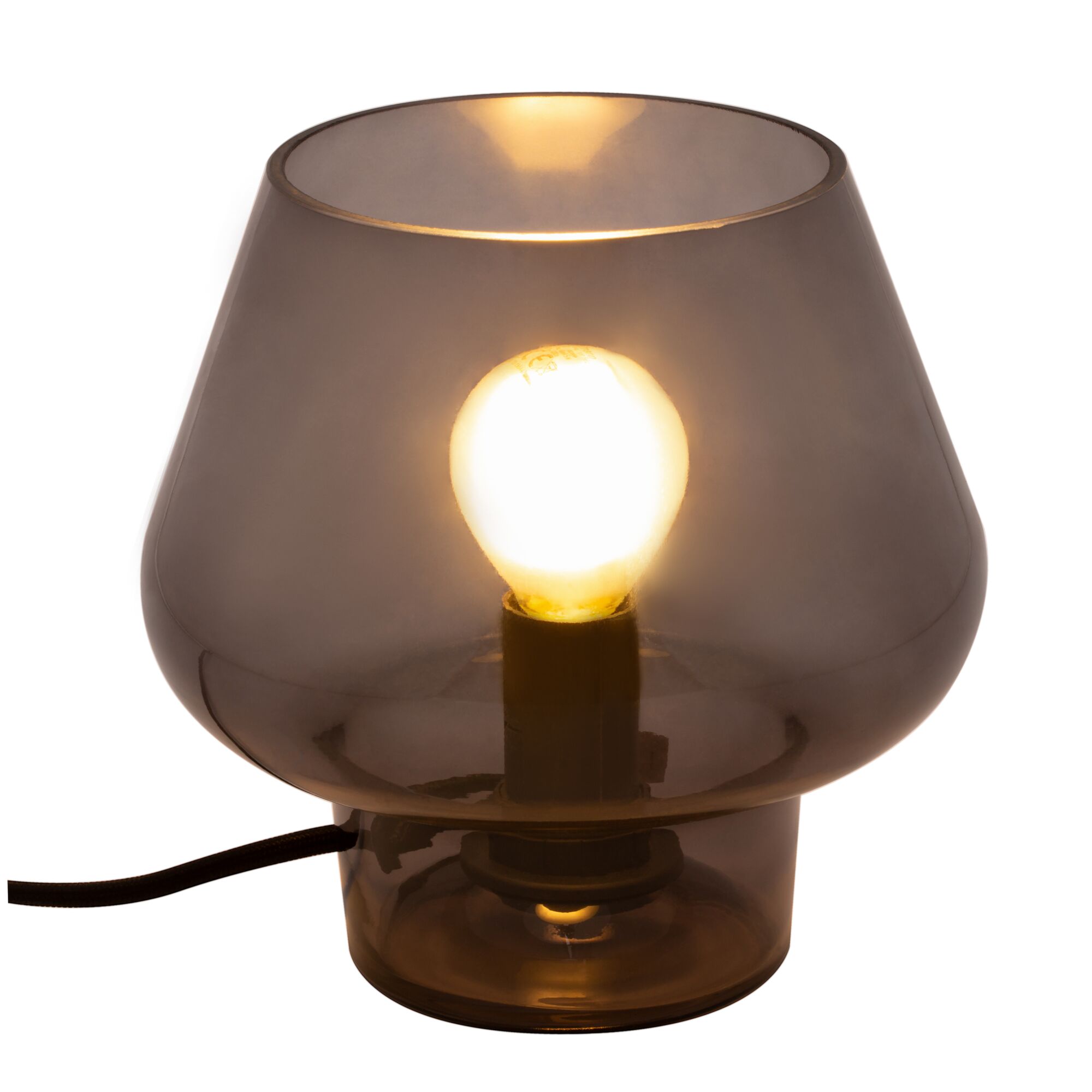 Moderne Tischlampe aus rauchfarbenem Glas mit sichtbarer Glühbirne für stimmungsvolle Beleuchtung