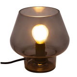 Moderne Tischlampe aus braunem Glas mit sichtbarer Glühbirne und schwarzem Kabel für Wohnräume.