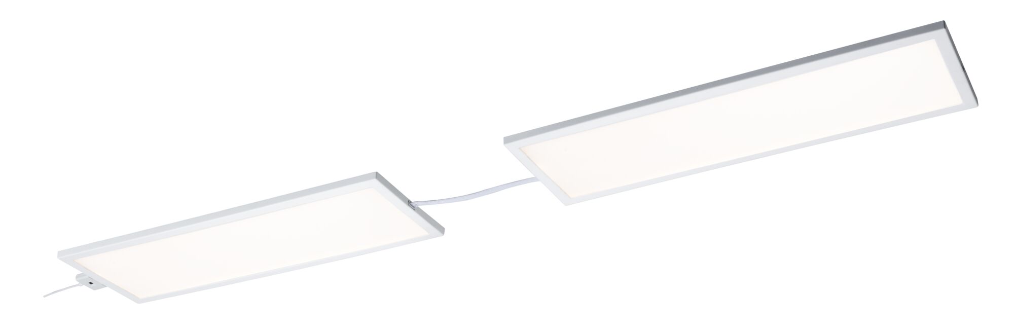 Modern white LED panel with two rectangular light surfaces and connecting cable for indoor lighting