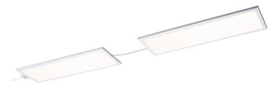 Modern white LED panel with two rectangular light surfaces and connecting cable for indoor lighting