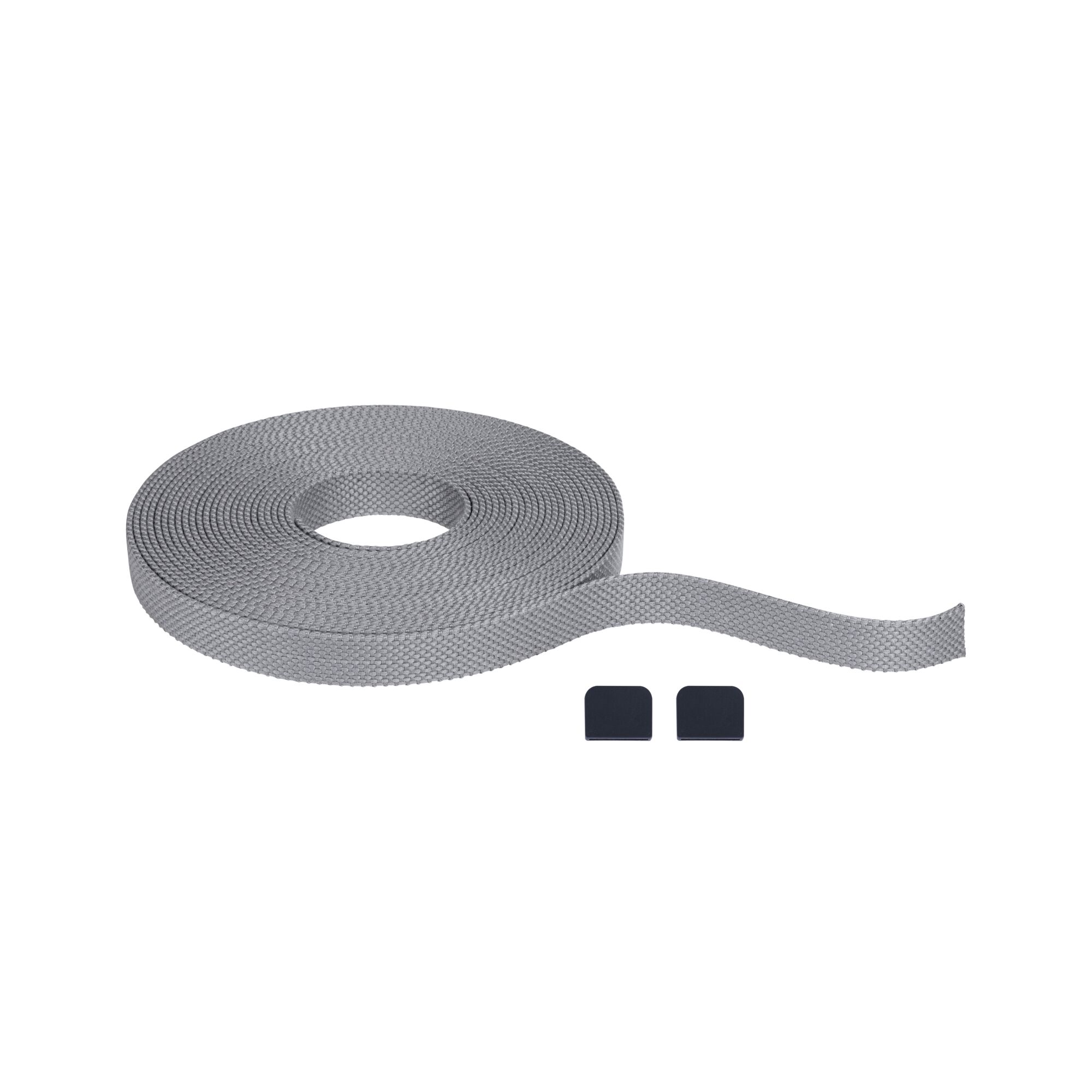 Grey textured textile tape with two black end caps for versatile mounting and fixing applications