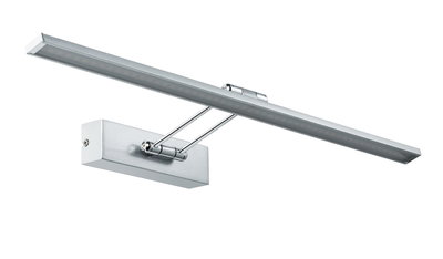 Slim silver metal LED picture light with adjustable arm for wall mounting and focused illumination