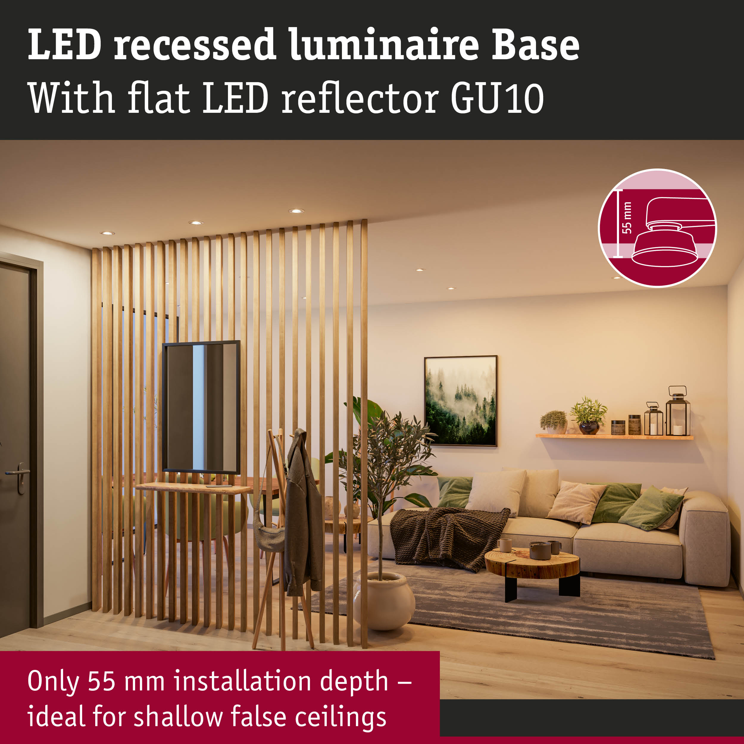LED recessed luminaire with flat LED reflector GU10, 55 mm installation depth ideal for shallow false ceilings