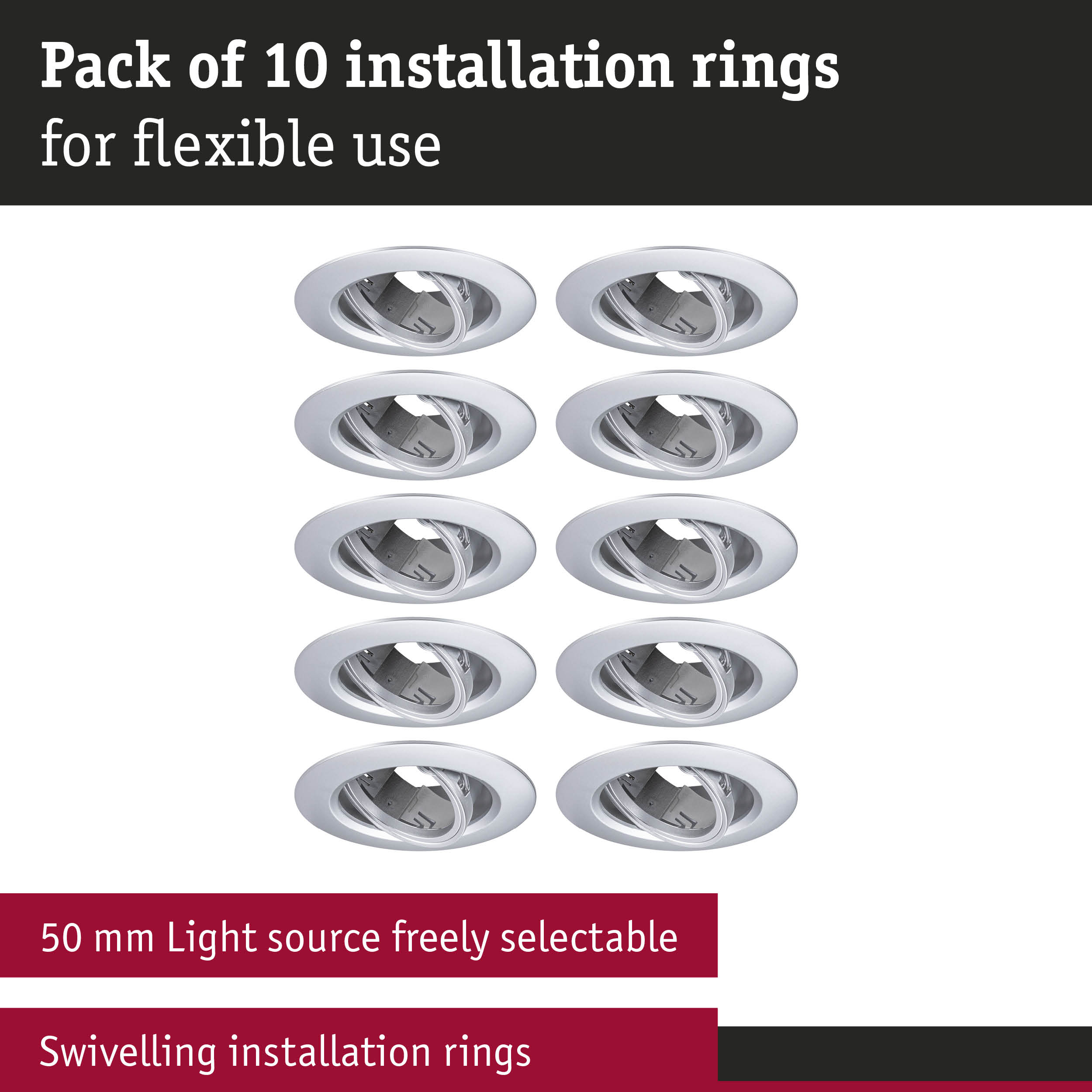 Pack of 10 white metal swivelling installation rings for flexible lighting solutions