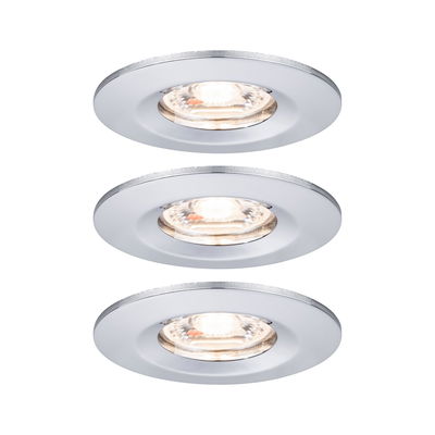 Three white metal recessed spotlights with warm white light for modern indoor lighting